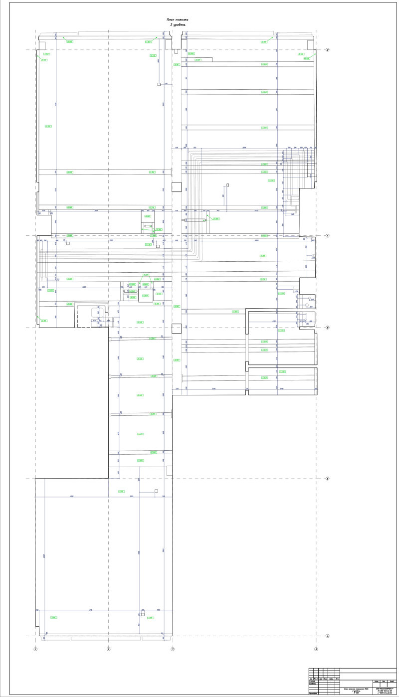 Обмерный чертеж - план потолка помещения с указанием относительных высот, размеров М 1:20